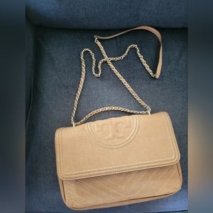 Tory burch,  tan, logo flap leather bag, chain/leather strap, crossbody/shoulder